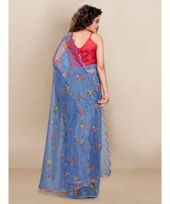 Blue Organza Saree With Blouse Piece 4