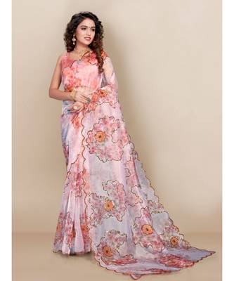 white Organza saree with blouse piece 1