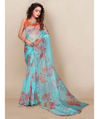 sky_blue Organza saree with blouse piece 1