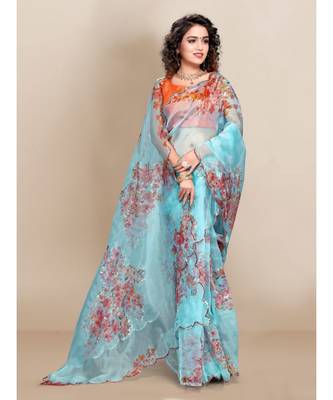 sky_blue Organza saree with blouse piece 2