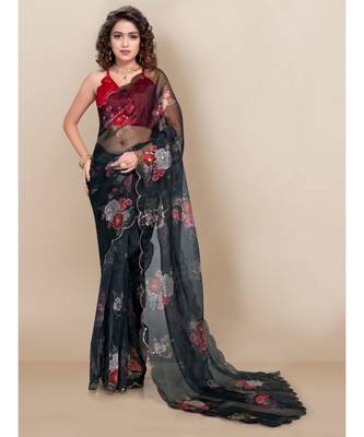 black Organza saree with blouse piece 1