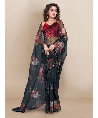 black Organza saree with blouse piece 4