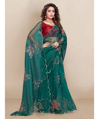 green Organza saree with blouse piece 1