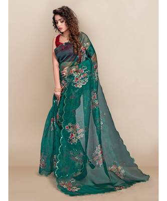 green Organza saree with blouse piece 2