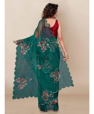 green Organza saree with blouse piece 3