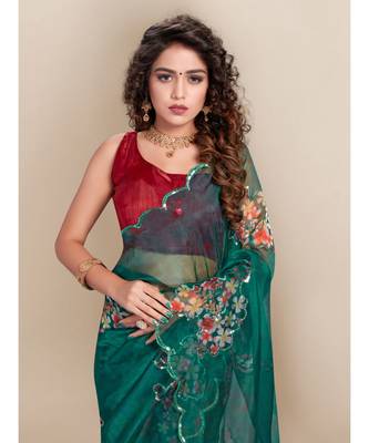green Organza saree with blouse piece 4