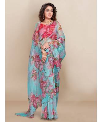 Sky_Blue Organza Saree With Blouse Piece 1