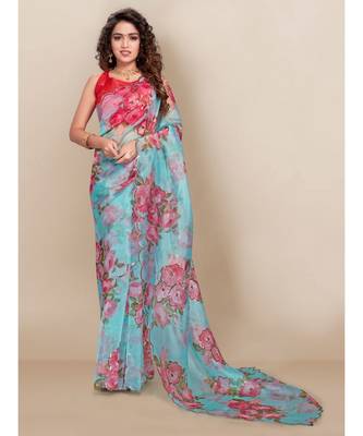 Sky_Blue Organza Saree With Blouse Piece 2