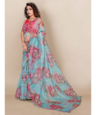Sky_Blue Organza Saree With Blouse Piece 3