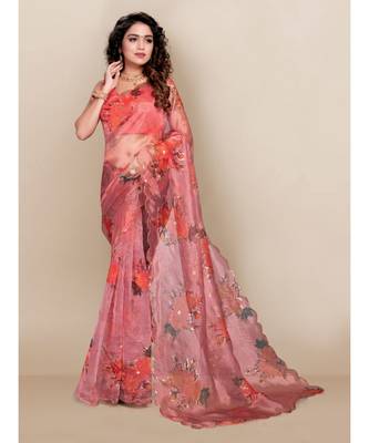 red Organza saree with blouse piece 1