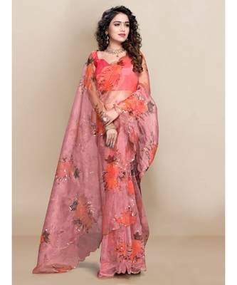 red Organza saree with blouse piece 2