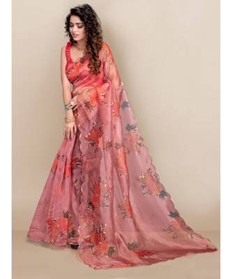 red Organza saree with blouse piece 3