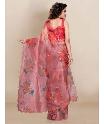 red Organza saree with blouse piece 4