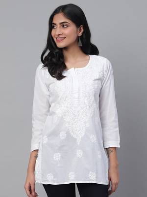Ada Hand Embroidered White Cotton Lucknowi Chikankari Women Top - A359765 7