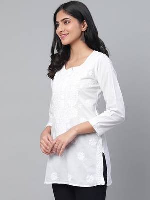 Ada Hand Embroidered White Cotton Lucknowi Chikankari Women Top - A359765 9