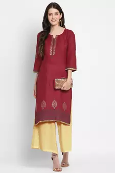  Dark-maroon printed cotton cotton-kurtis