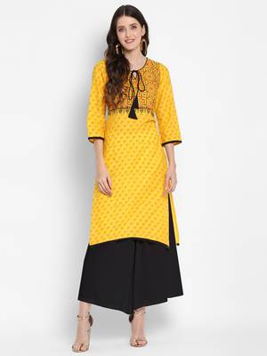 Yellow printed cotton cotton-kurtis 1