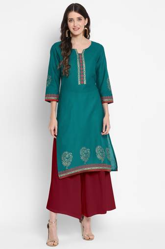 G COLLECTION Dark-turquoise printed cotton cotton-kurtis