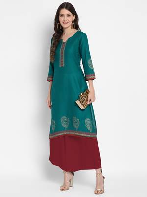 Dark-turquoise printed cotton cotton-kurtis 2