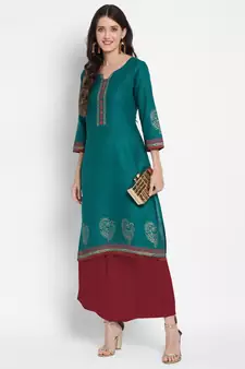 Dark-turquoise printed cotton cotton-kurtis