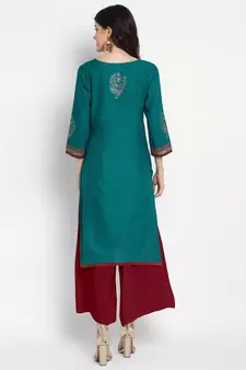 Dark-turquoise printed cotton cotton-kurtis