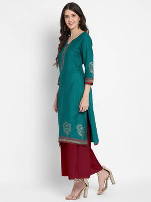 Dark-turquoise printed cotton cotton-kurtis 4