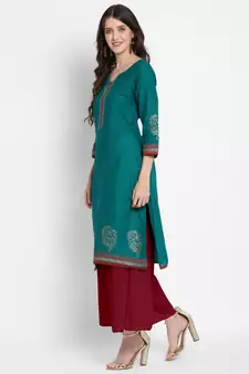 Dark-turquoise printed cotton cotton-kurtis