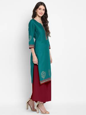 Dark-turquoise printed cotton cotton-kurtis 5