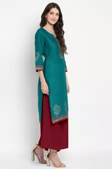 Dark-turquoise printed cotton cotton-kurtis