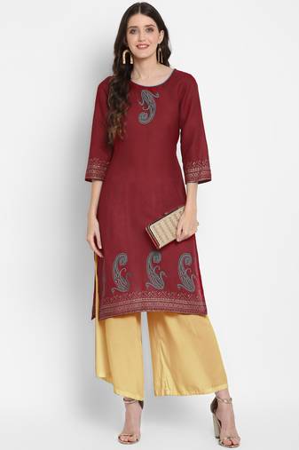 G COLLECTION Dark-maroon printed cotton cotton-kurtis