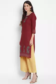 Dark-maroon printed cotton cotton-kurtis
