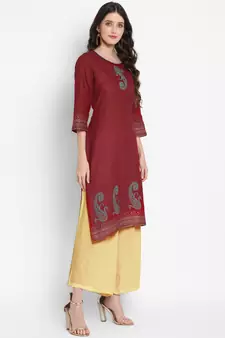 Dark-maroon printed cotton cotton-kurtis