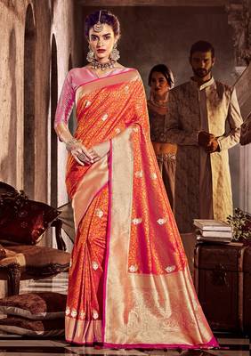 Orange woven silk saree with blouse 1