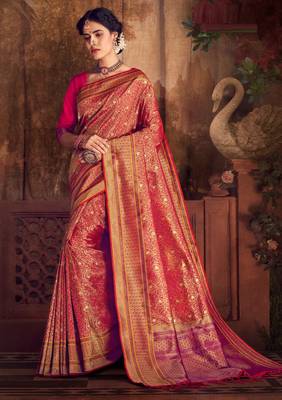 Pink woven silk saree with blouse 1
