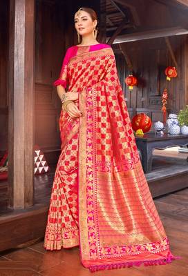 Red woven silk saree with blouse 1
