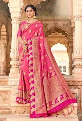 Pink woven silk saree with blouse 1