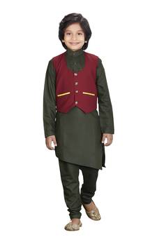 EVERWILLOW ETHNIC WEAR GREEN KURTA PYJAMA WITH MAROON WAIST COAT JACKET FOR KIDS AND BOYS