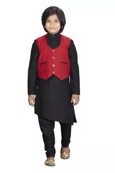 EVERWILLOW ETHNIC WEAR BLACK KURTA PYJAMA WITH RED WAIST COAT JACKET FOR KIDS AND BOYS