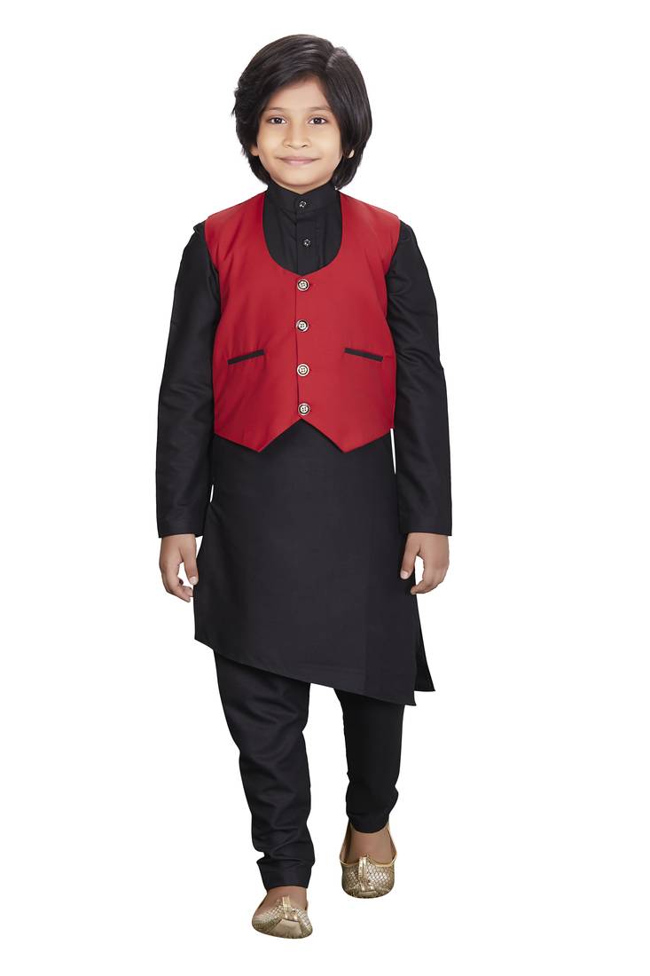 EVERWILLOW ETHNIC WEAR BLACK KURTA PYJAMA WITH RED WAIST COAT JACKET FOR KIDS AND BOYS