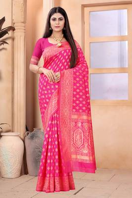 Light rani pink woven art silk saree with blouse 1
