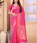Light rani pink woven art silk saree with blouse