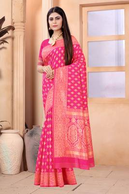 Light rani pink woven art silk saree with blouse 2