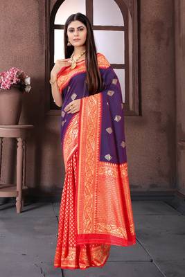 Red woven art silk saree with blouse 2