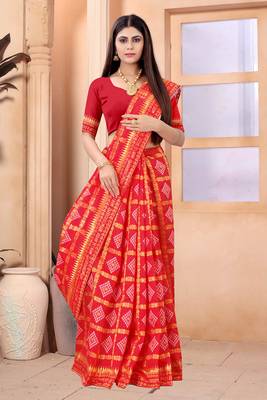 Red woven art silk saree with blouse 3