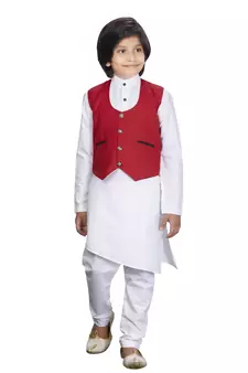 EVERWILLOW ETHNIC WEAR WHITE KURTA PYJAMA WITH RED WAIST COAT JACKET FOR KIDS AND BOYS