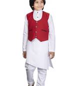 EVERWILLOW ETHNIC WEAR WHITE KURTA PYJAMA WITH RED WAIST COAT JACKET FOR KIDS AND BOYS