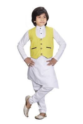 Everwillow Ethnic Wear White Kurta Pyjama With Yellow Waist Coat Jacket For Kids And Boys 1