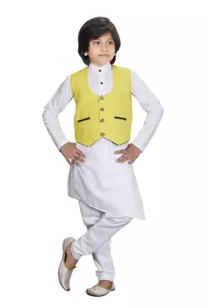 EVERWILLOW ETHNIC WEAR WHITE KURTA PYJAMA WITH YELLOW WAIST COAT JACKET FOR KIDS AND BOYS
