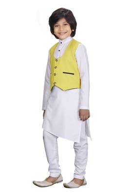 Everwillow Ethnic Wear White Kurta Pyjama With Yellow Waist Coat Jacket For Kids And Boys 2