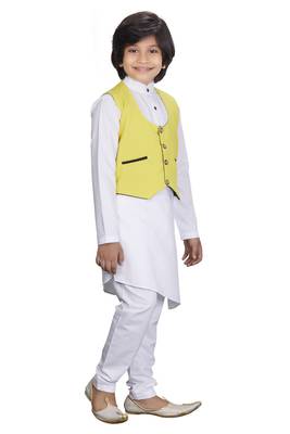 Everwillow Ethnic Wear White Kurta Pyjama With Yellow Waist Coat Jacket For Kids And Boys 3